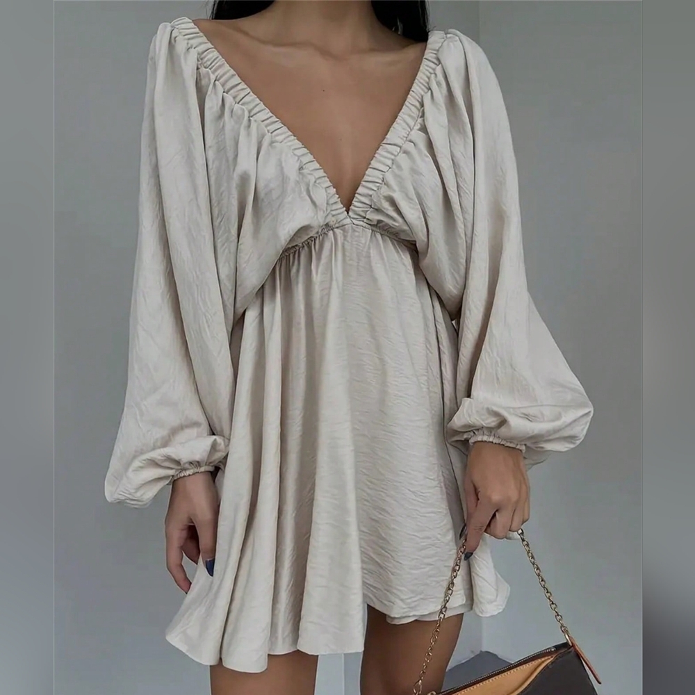 Solid Color V-Neck Lantern Sleeve Dress - Picture 3 of 3